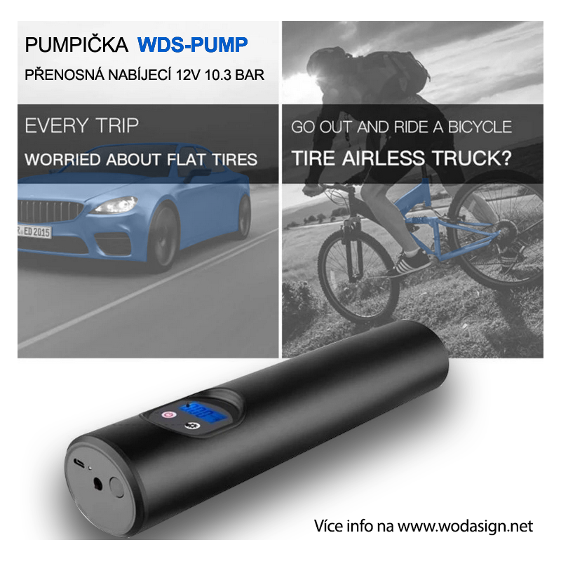 Pumpička na kola 7 v 1 WDS-PUMP přenosná nabíjecí 12V 10.3 BAR s LCD digitálním displejem 12V a nástavci - Auto kolo člun