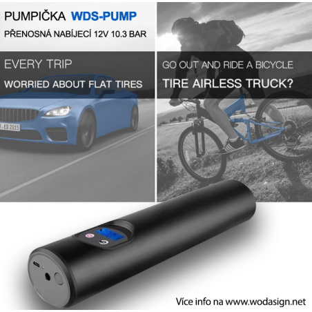 Pumpička na kola 7 v 1 WDS-PUMP přenosná nabíjecí 12V 10.3 BAR s LCD digitálním displejem 12V a nástavci - Auto kolo člun