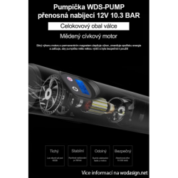 Pumpička na kola 7 v 1 WDS-PUMP přenosná nabíjecí 12V 10.3 BAR s LCD digitálním displejem 12V a nástavci - Auto kolo člun