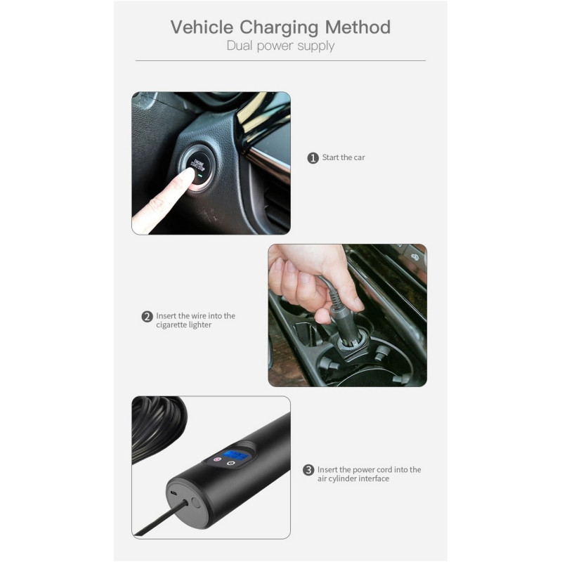 Pumpička na kola 7 v 1 WDS-PUMP přenosná nabíjecí 12V 10.3 BAR s LCD digitálním displejem 12V a nástavci - Auto kolo člun