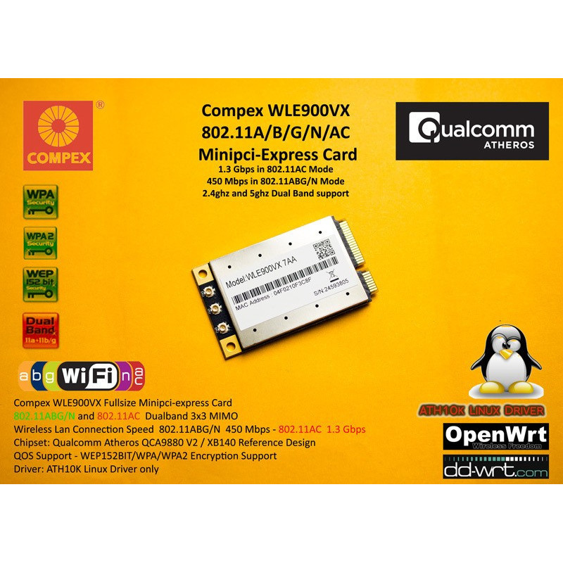 QCA9880 WLE900VX - 7A miniPCIe module, Qualcomm, 802.11ac, 2,4/5GHz, 3x3 MIMO, reference XB140 design, Compex