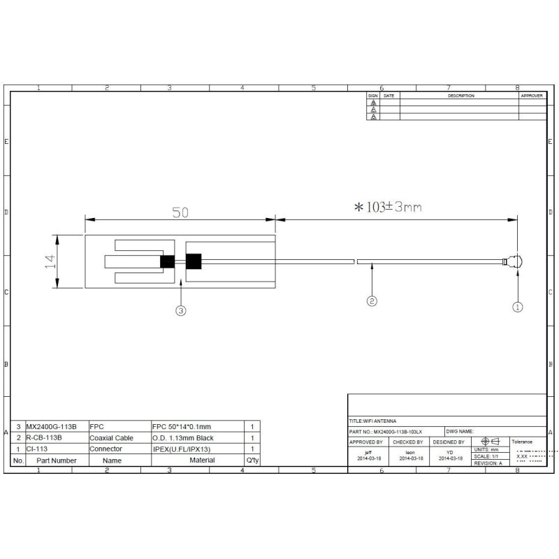 524WiFi internal FPC Dual Band 5dBi Antenna , 2.4 / 5 GHz , with cable, ufl IPEX 1 connector