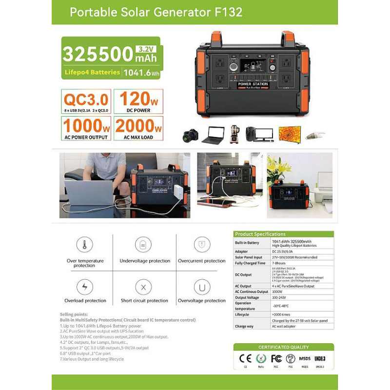 Akumulátor PowerStation solární centrála a výkonová baterie záložní zdroj elektřiny WDS F132 Solar LiFePO4 1000W