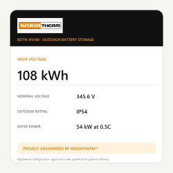 Karta parametrů WodaTherm™ BDTN HV108 s hodnotami 108 kWh a 345,6 V